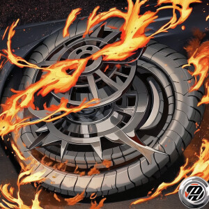 company logo in the form of a car wheel on fire