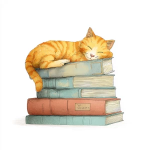 Minimalist sleeping orange cat, lying on a stack of vintage book...