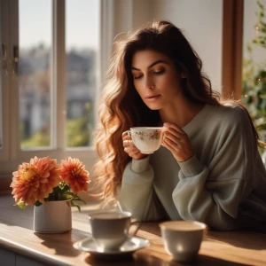 soft, morning-themed photo of a beautiful supple buxom tall fit...