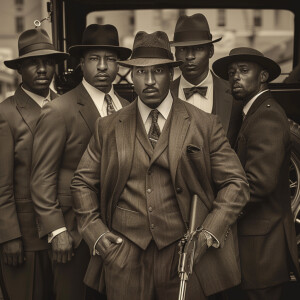 **Visual Prompt for a Group of 1930's G-Men Led by Delroy Lindo:...