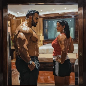 Realism,a muscular, sweaty man entering a New York hotel room, a...