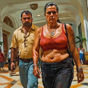 Digital art HD.A sweaty  man walking with his mother in law with...