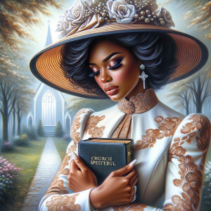 Render an airbrush oil painting of an African American woman with flawless makeup in a
contemplative pose, holding a Bible close to her heart, dressed in an elegant Sunday Best
outfit with a distinctive Church Hat. The background features a peaceful church garden,
with light filtering through the trees, highlighting her spiritual connection and the personal
moment of reflection. The artwork should capture the tranquility of the scene, the beauty
of her attire, and the depth of her contemplation, reflecting a serene and spiritually