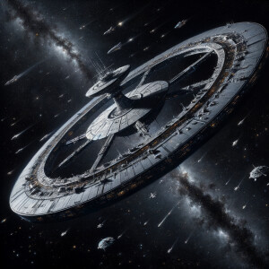 Giant space station realism black background , bustling saucer...