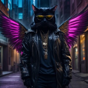 A menacing black cat, with wings,  shades and hip-hop clothing a...