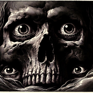 Skull with being eyes in a graphic novel style