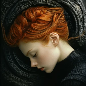 Create an HR Giger-inspired image featuring a contemplative woma...