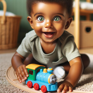 African-American baby boy with huge green eyes, playing with a train