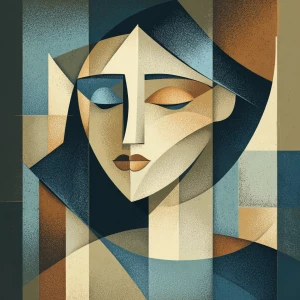 Create a cubist-style portrait featuring a serene face with clos...