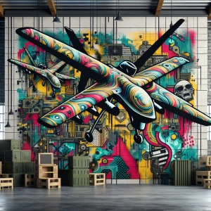A mural of graffiti art on a wall within a military drone traini...