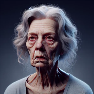 Create a hyper-realistic portrait of a old woman exhibiting a va...