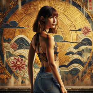 Athletic Thin skinny Attractive, Asian teenage girl, long brown hair and bangs, wearing tight skinny jeans and a halter top paint marks on her clothing, heroic pose Asian graffiti background, backside view