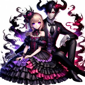 A girl named lilith with elegant gothic lolita dress sit beside Handsome Lucifer with Black Horn, Msyterious Aura of Black Red Purple, Lilith and Lucifer evil smirk, glowing eyes, 3D Humanlike, High Res