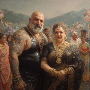 Hyperrealism art .a muscular beefy sweaty tattoed indian man enj...