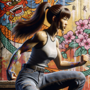 Very thin Athletic Thin skinny Attractive, Asian teenage girl, long brown hair and bangs, wearing tight skinny jeans and a halter top paint marks on her clothing, sitting side view heroic pose Asian graffiti