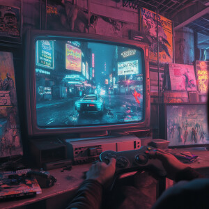 A detailed first-person perspective of someone playing a futuris...