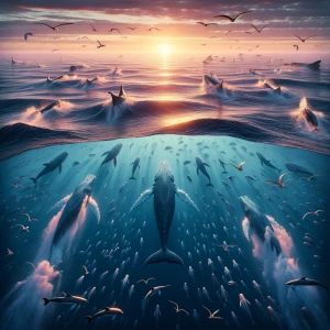 Sea creatures at dawn, overhead drone perspective, epic scale, 4...