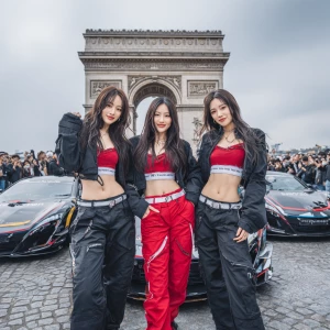 Three idol dancing on front of Paris and three different color c...