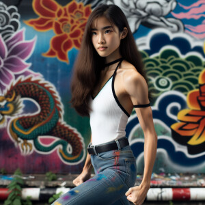 Very thin Athletic Thin skinny Attractive, Asian teenage girl, long brown hair and bangs, wearing tight skinny jeans and a halter top paint marks on her clothing, heroic sideways pose Asian graffiti background