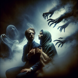 A guy and a girl are being pulled to the bottom by hands from th...