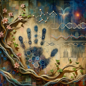 lie detector graphs, cardio, printout , branches infinity sign, cave, Art, handprints, distant birds flying, flowering vines, abstract gestural painting, dna cave drawings galaxies electrical cardiogram