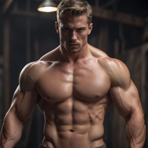 Craft a full frontal description of a male figure with a focus o...