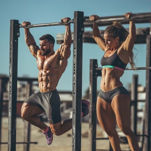 Two athletes, a man and a woman, performing pull-ups on adjacent...