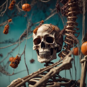 Skeleton with worms coming out of sn eye dovket and skin hanging...