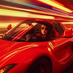 A woman in a bright red sports car like a Ferrari