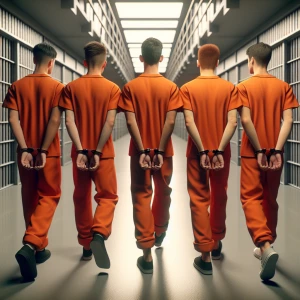 Photo realistic, 4 Caucasian male teenagers, wearing orange jump...