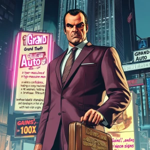 "A Grand Theft Auto key art-style image of a hyper-masculine man...