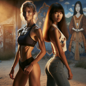 Athletic Thin skinny Attractive, Asian teenage girl, long brown hair and bangs, wearing tight skinny jeans and a halter top paint marks on her clothing, heroic pose Asian graffiti background, backside view