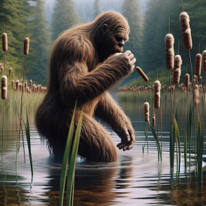 A humanoid Sasquatch covered in hair steps out of a pond in, mun...