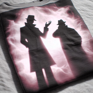 A folded gray t-shirt with a backlit, shadowy, abstract, silhoue...