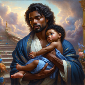 Classical oil painting style depicting an African-American Jesus...