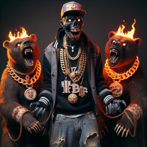 Zombie dressed in hip-hop clothing and jewelry with on his right...