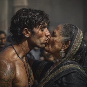 Hyperrealism photo painting. a muscular, sweaty criminal kashmir...
