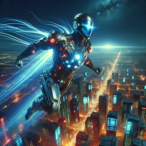 Futuristic superhero Ironman flying through the sky above the ci...