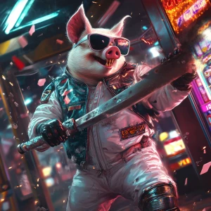 A cartoonishly realistic pig in a vintage white NASA-style space...