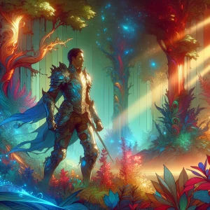 A fantasy warrior standing in a glowing forest clearing, his int...