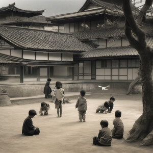 Wide view of the orphanage yard. Children are playing together w...