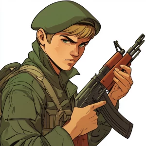 Design a logo that combines the image of a young Russian soldier...