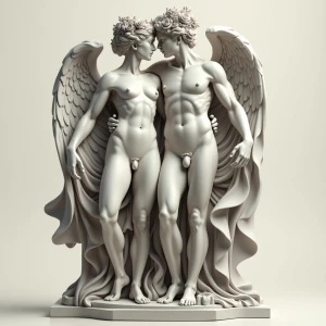Design a neoclassical sculpture of two intertwined, idealized  f...