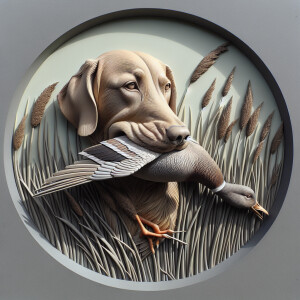 A hunting dog holding a dead duck in its mouth,  amongst some re...