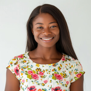 A cute woman

Smiling 

Clothes: Floral Dress

Looks Clean & Mod...