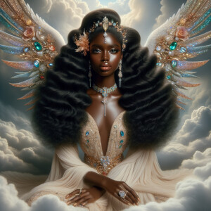 "Depict a light-skinned African-American angel with an aura of c...