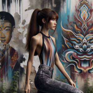 Very thin Athletic Thin skinny Attractive, Asian teenage girl, long brown hair and bangs, wearing tight skinny jeans and a halter top paint marks on her clothing, sitting side view heroic pose Asian graffiti