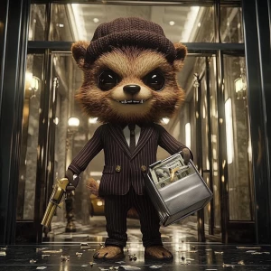 A mischievous-looking designer toy creature with a tall head cov...