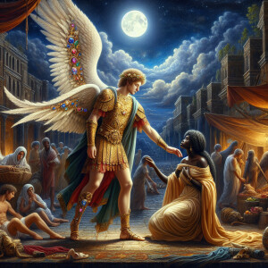 Create an oil painting image featuring a male angel and a grievi...