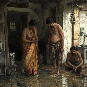 HD digital art depicting a 54-year-old Gujarati housemaid standi...